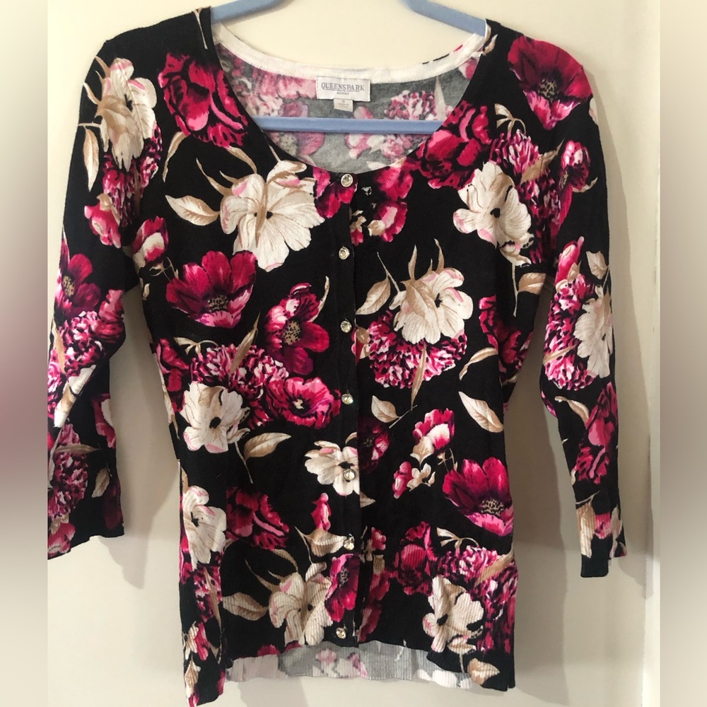 Queens park pink/black  floral warm pull over top spring light fitted cardigan - Picture 5 of 9